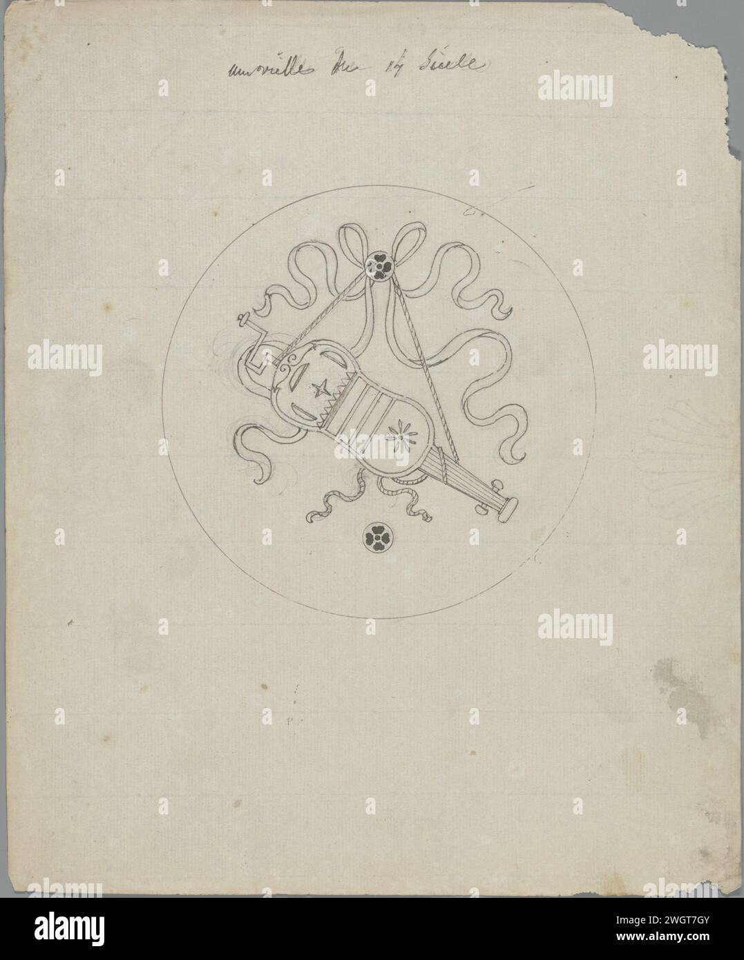 Un ancien XIVe siècle, en or avant 1828 l'un des 103 dessins pour marqueterie à partir de rubans suspendus aux instruments de musique en médaillons ronds, destiné à l'ensemble de chaises réalisées par Van Doren pour la grande salle du palais du Prince d'Orange à Bruxelles en 1828. Journal de Bruxelles. encre. trophée graphite (minéral), c'est-à-dire : arrangement décoratif d'objets symboliques ou typiques ~ ornement. Instruments à cordes (arqués) Palais Royal Banque D'Images