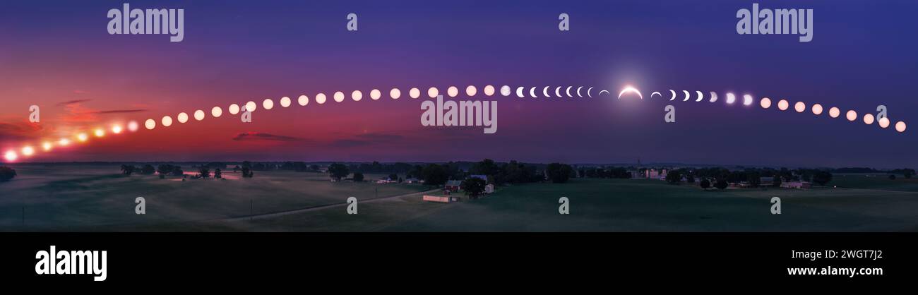 Une progression de l'éclipse solaire partielle de 2017 vue à l'extérieur de Seymour, IN. Prise de vue du lever du soleil à juste avant le coucher du soleil. Banque D'Images