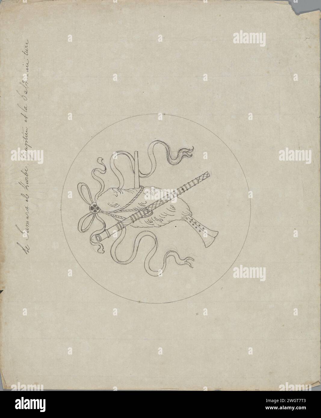 Samara El Kurbe Halamania égyptienne et turque, dans ou avant 1828 un des 103 dessins pour marqueterie à partir de rubans suspendus instruments de musique en médaillons ronds, destiné à l'ensemble de chaises réalisées par Van Doren pour la grande salle du palais du Prince d'Orange à Bruxelles en 1828. Journal de Bruxelles. encre. trophée graphite (minéral), c'est-à-dire : arrangement décoratif d'objets symboliques ou typiques  ornement. Cornemuse, Musette Royal Palace Banque D'Images