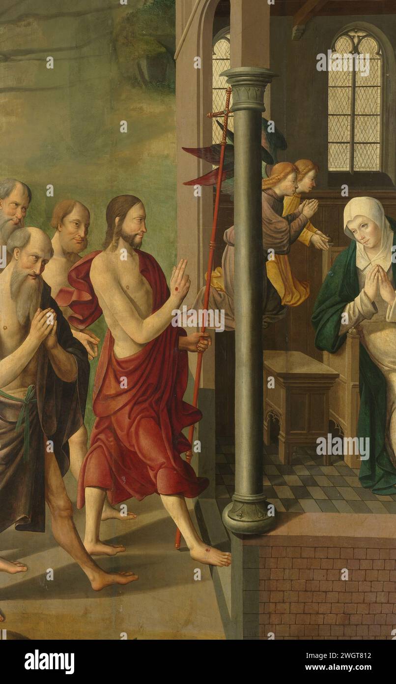 Panneau d'un retable avec différend avec les médecins, au verso est l'apparition du Christ à sa mère, Maître d'Alkmaar (attribué à), c. 1520 - c. 1535 peinture aile d'un triptyque avec Jésus dans le temple à l'intérieur. Christ est assis sur le sol entre les scribes juifs dans le temple, regardant Maria et Joseph à gauche. Dans les coins en haut de petites représentations de la chute et Caïn et Abel. A l'extérieur du panneau, la performance : le Christ retenu apparaît à Marie. Christ avec le bâton de croix est précédé par deux anges et suivi par Adam et Eva et les patriarches. Pendentif Banque D'Images