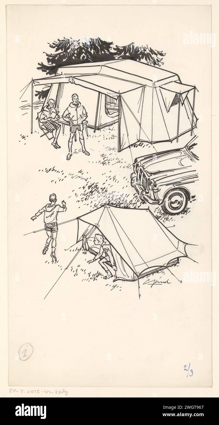Famille sur un camping, inconnu, c. 1930 - c. 1970 dessin Une famille est sur un camping avec deux tentes et une voiture. Le père se tient devant la tente avec auvent et la mère lit aussi. La tente de leurs fils est à côté de la voiture. papier. Encre de Inde (encre). crayon. deck peinture stylo / pinceau la famille en voyage, en vacances. tente Banque D'Images