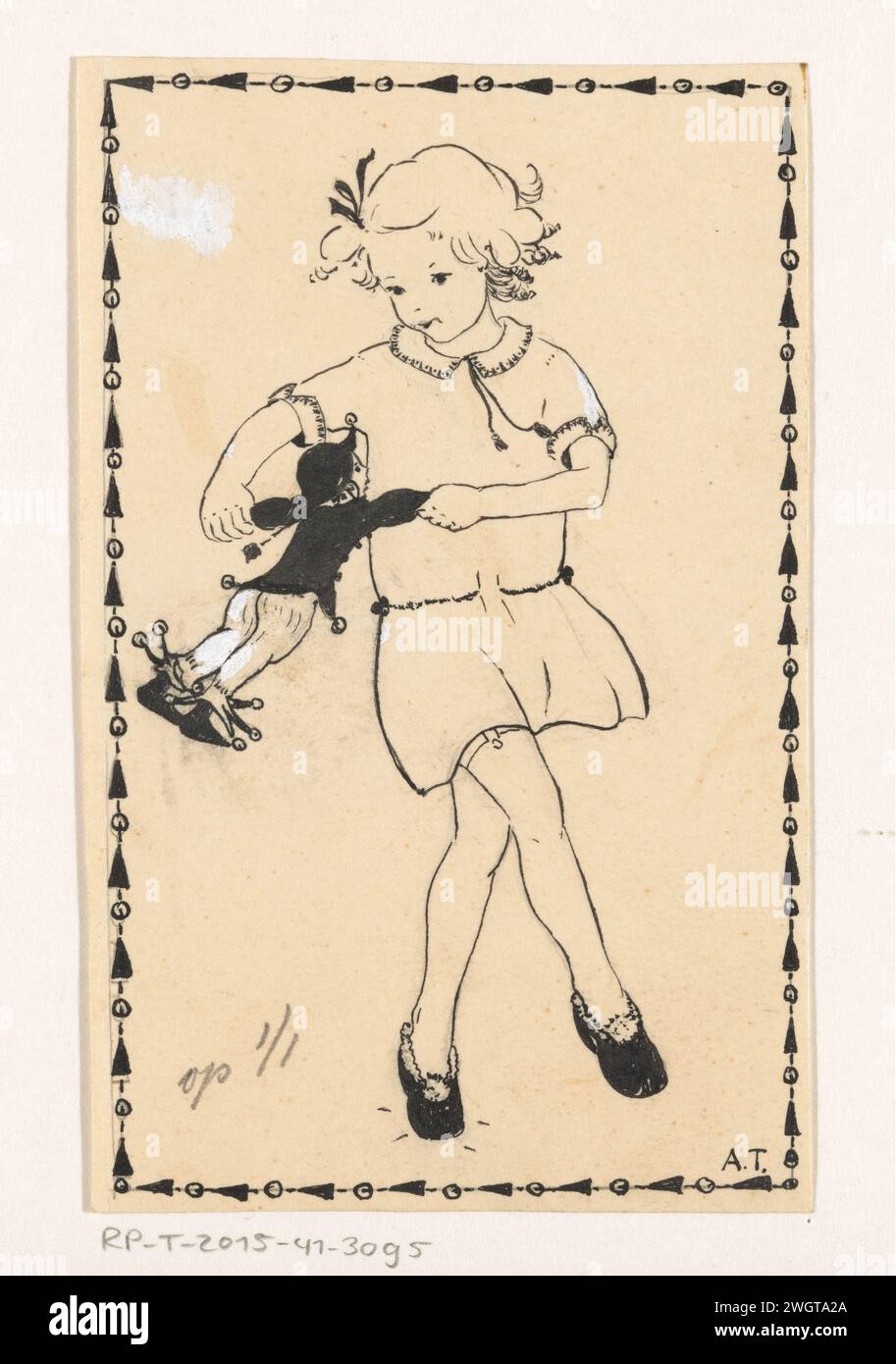 Fille danse avec une poupée, A. Tinbergen, c. 1925 - c. 1935 dessin la fille tient la poupée, habillée en costume d'Arlequin, sur les deux mains. papier. Encre de Inde (encre). crayon. stylo de peinture de pont / pinceau fille (enfant entre le tout-petit et le jeune). (jouer avec) poupées Banque D'Images