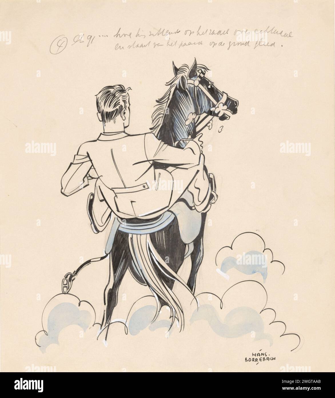 L'homme glisse d'un cheval derrière, dans ou avant 1940 - c. 1945 dessin L'homme a un pied dans l'étrier, l'autre a été tiré de lui. Des nuages de poussière peuvent être vus autour des pieds du cheval. papier. Encre de Inde (encre). encre. peinture de pont. stylo crayon / cheval de brosse. chute Banque D'Images
