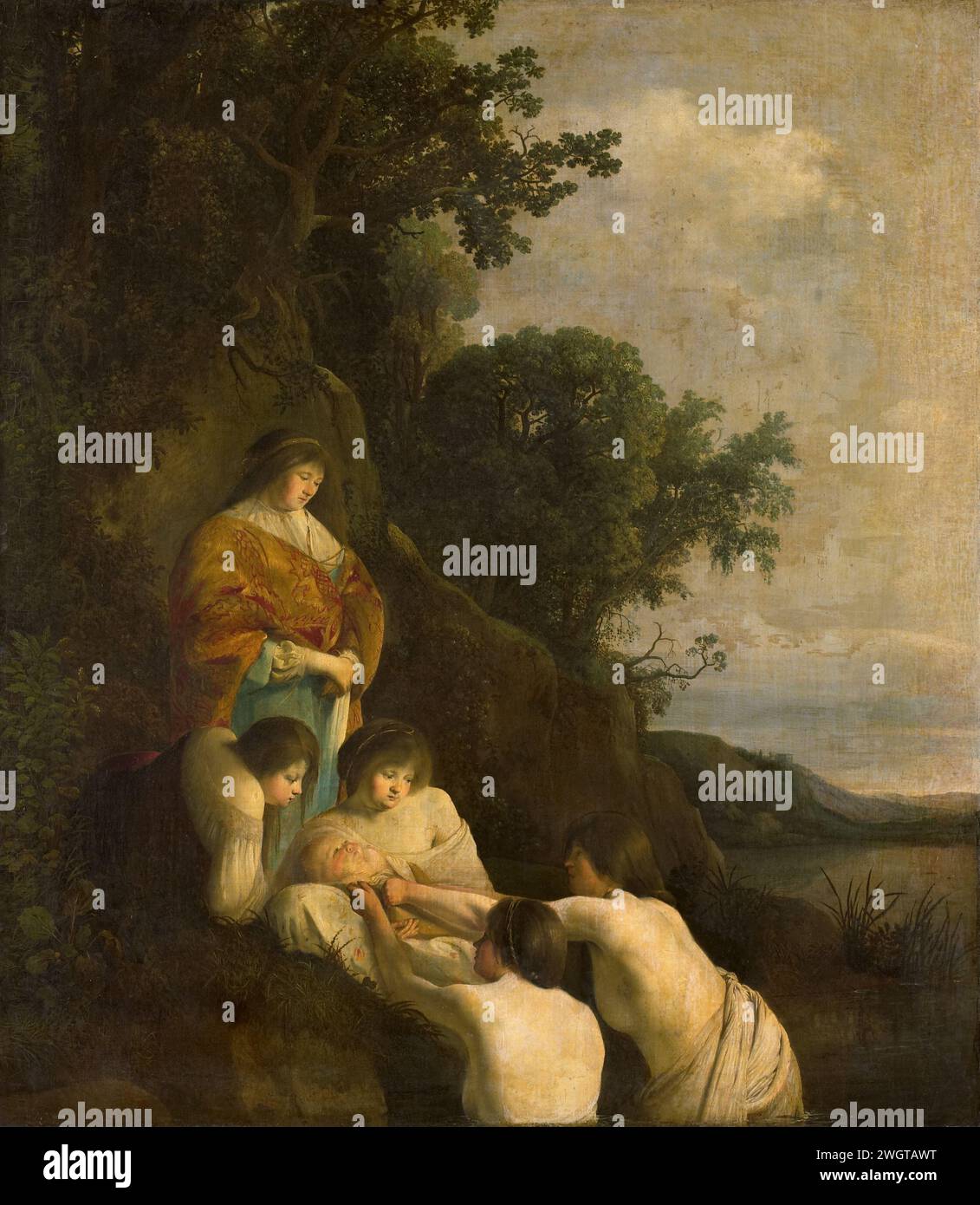 La fille de Pharaon découvre Moïse dans le panier de ruée, Paulus Bor, Cornelis Hendriksz Vroom, c. 1635 - c. 1638 peinture la fille de Pharaon et sa servante trouvent Moïse dans le panier de Biezen sur la rive envahie du Nil. toile. Peinture à l'huile (peinture) la découverte de Moïse : la fille de Pharaon vient se baigner avec ses jeunes filles dans la rivière et découvre l'enfant flottant sur l'eau Banque D'Images