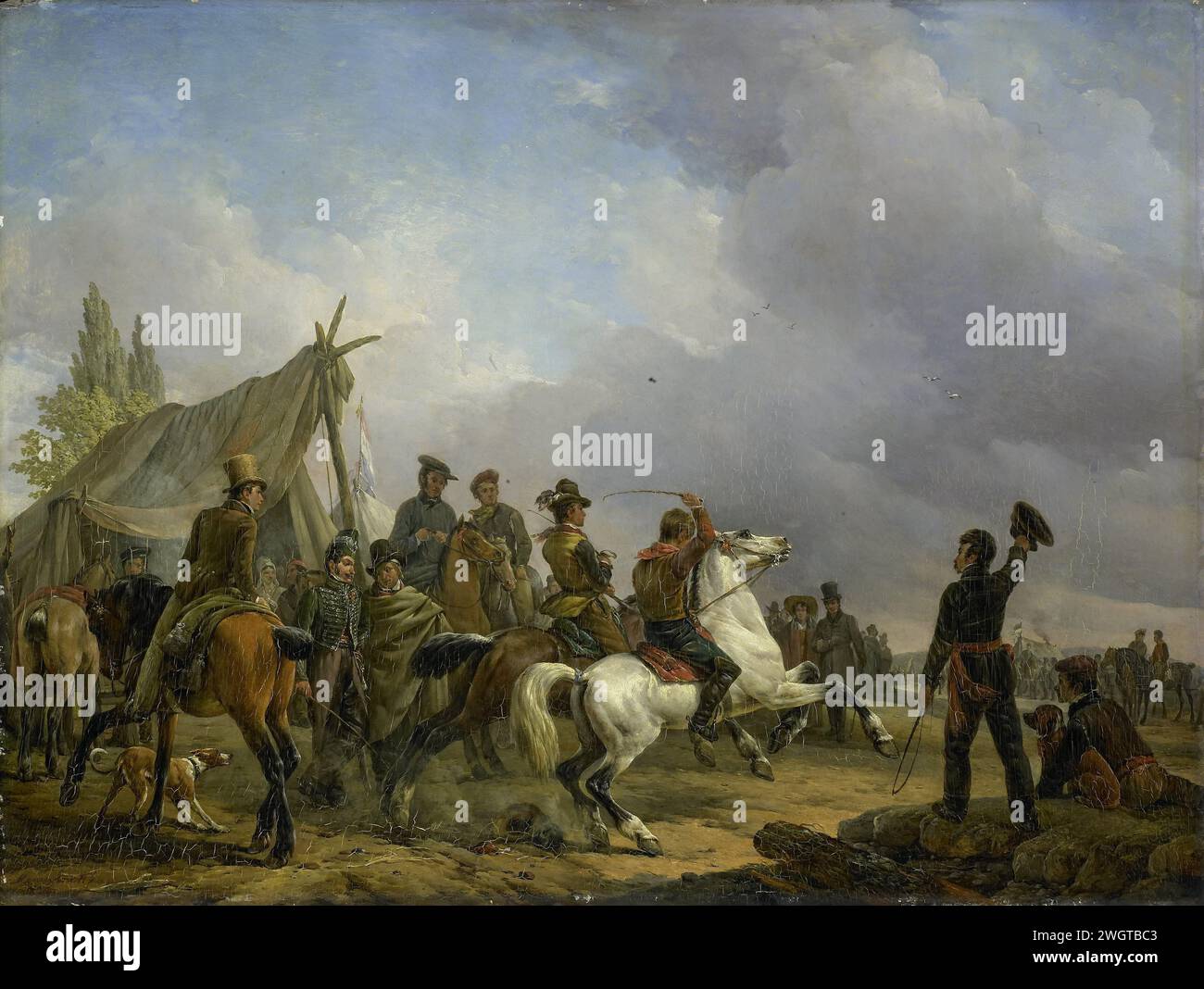 La course de chevaux, Joseph Moerenhout, 1829 peignant le trot dur. Le début d’une compétition de course entre deux chevaux dans un camp militaire, surveillée par des soldats et des civils. panneau. camp de peinture à l'huile (peinture) (militaire) avec des tentes. courses hippiques Banque D'Images