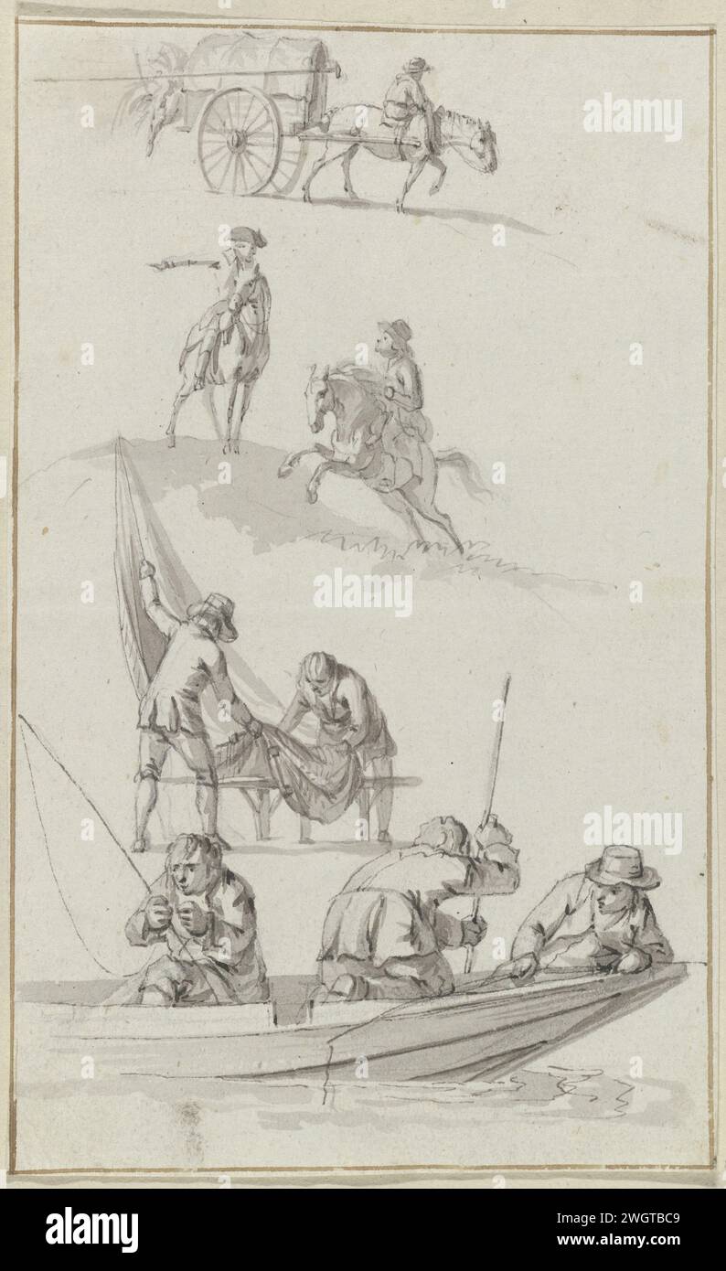Scènes de Vier, anonyme, c. 1700 - c. 1799 dessinant quatre scènes entre elles. Le haut montre une voiture avec un cheval avec cavalier. Ci-dessous deux cavaliers, puis deux personnes debout à une table avec un grand morceau de textile. La scène du bas montre trois pêcheurs dans un bateau. Document néerlandais. stylo à encre / pinceau Banque D'Images