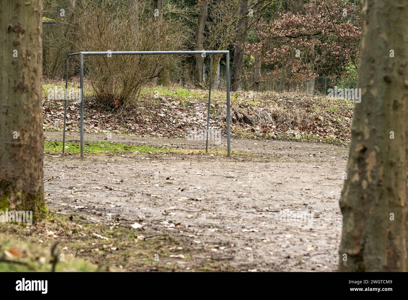 Fußballtor am Waldrand 06.02.2024, Limbourg : Symbolfoto, Illustrationsbild, Symbolbild, Illustrationsfoto Fußballtor am Waldrand Ein Fußballtor aus Metall steht an einem matschigen Platz am Rand eines Waldes. DAS Bild fängt die rohe Atmosphäre eines Bolzplatzes ein, umgeben von Laub und kahlen Bäumen, was den rustikalen charme und die Naturnähe hervorhebt. . Limburg Hessen Allemagne *** but de football au bord d'une forêt 06 02 2024, Limburg symbole photo, illustration image, symbole image, illustration photo but de football au bord d'une forêt Un but de football en métal se dresse sur un terrain boueux à l'edg Banque D'Images