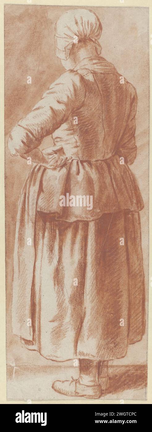 Femme debout avec chapeau, vu sur le dos, anonyme, c. 1600 - c. 1699 dessin papier néerlandais. craie Banque D'Images