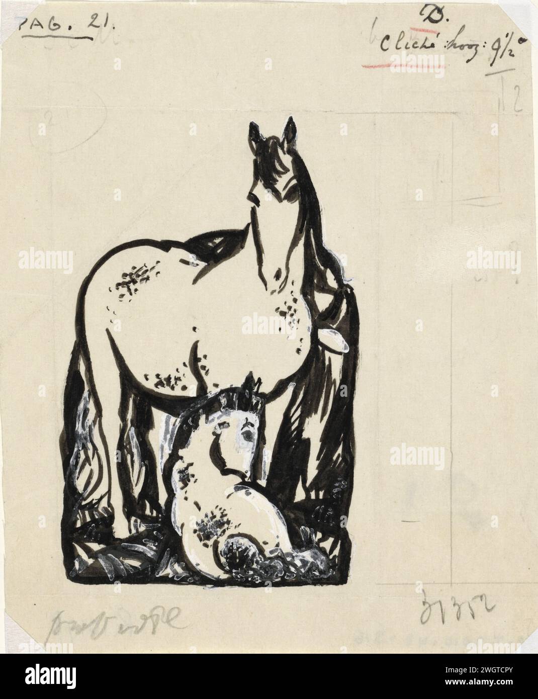 Sans titre (cheval et poulain couché), Leo Gestel, 1935 - 1936 dessin cheval avec papier poulain couché. encre. cheval de pinceau de pont Banque D'Images