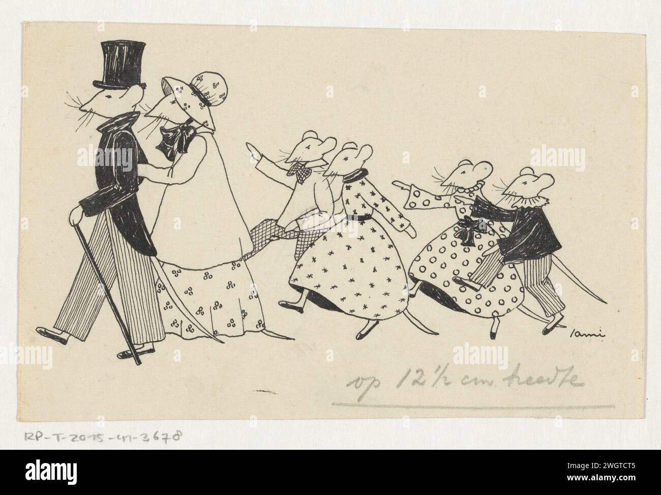 Famille de souris marchante, inconnu, c. 1880 - c. 1930 dessin Père et mère sont à l'avant-garde avec deux par deux enfants souris quatre derrière eux. Les souris portent des vêtements soignés. papier. crayon. Encre de Inde (encre) animaux de plume agissant comme des êtres humains. rongeurs : souris Banque D'Images