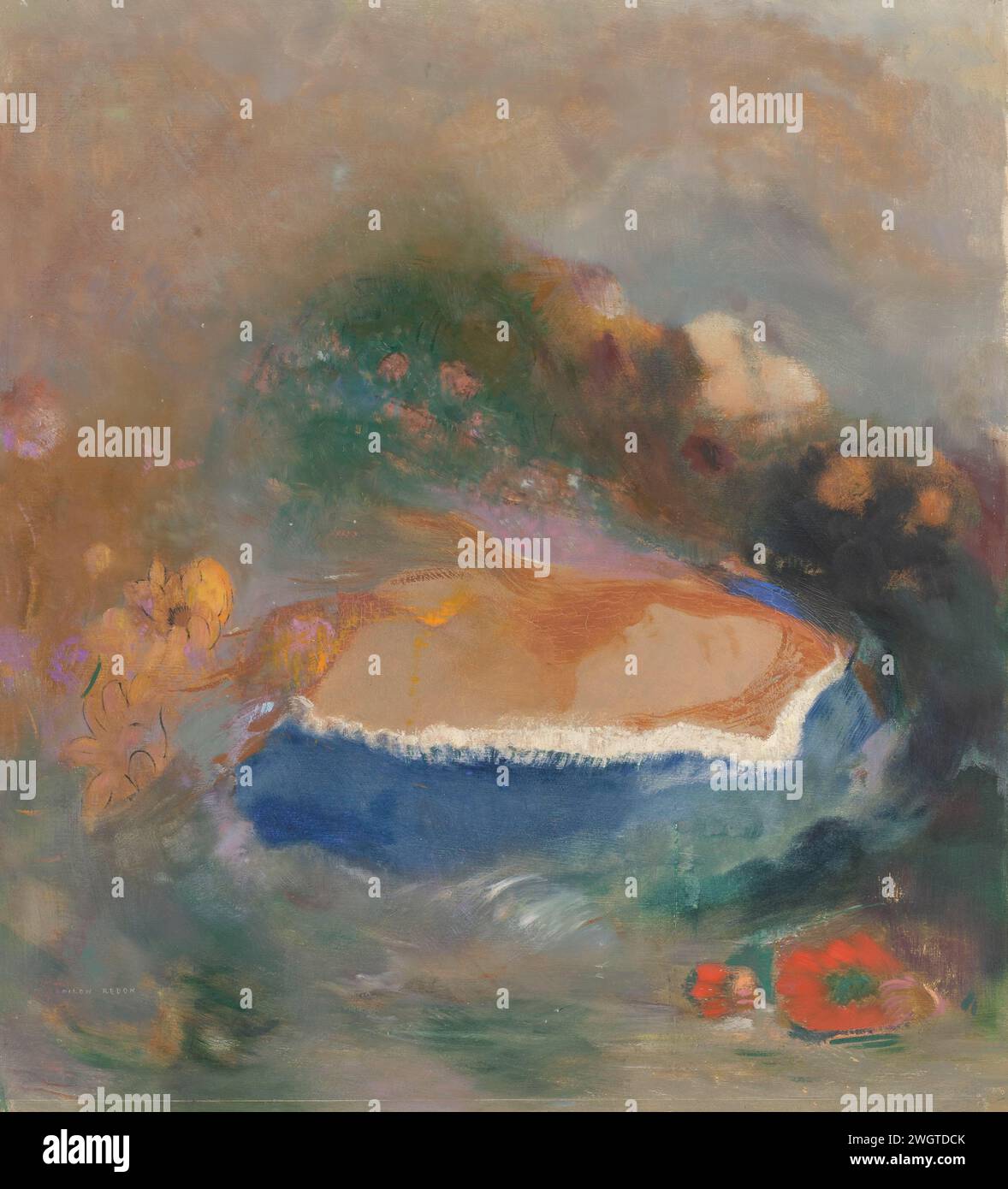 Ophélie, la Cape bleue sur les eaux (Ophélie avec un Wimple bleu dans l'eau), Odilon Redon, 1900 - 1905 peinture présentation intitulée 'Ophélie, la Cape bleue sur les eaux'. Ophélie flottant les yeux fermés entre les fleurs dans l'eau, inspiré par le 'Hamlet' de Shakespeare. France Paper. peinture à l'huile (peinture). Ophelia. (Scènes de) œuvres littéraires spécifiques (avec AUTEUR, titre). personne noyée. cherchant la mort, le suicide Banque D'Images