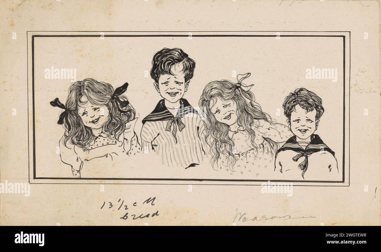 Quatre garçons et filles souriants, 1895 - 1950 dessinant quatre garçons et filles souriants d'affilée. Les garçons portent un costume de marin et les filles ont des arcs dans leurs cheveux. carton. Encre de Inde (encre). stylo crayon garçon (enfant entre le tout-petit et le jeune). fille (enfant entre tout-petit et jeune). riant. ensemble de vêtements : costume de marin Banque D'Images