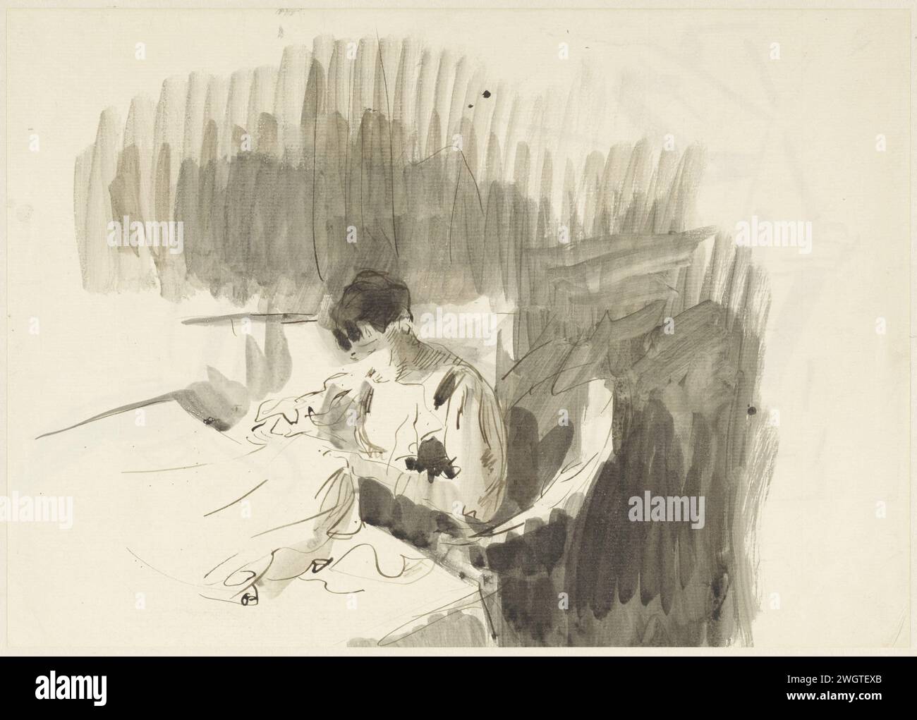 Coudre femme, assise à une table, Rik Wouters, v. 1915 papier à dessin. stylo à encre / pinceau coudre Banque D'Images