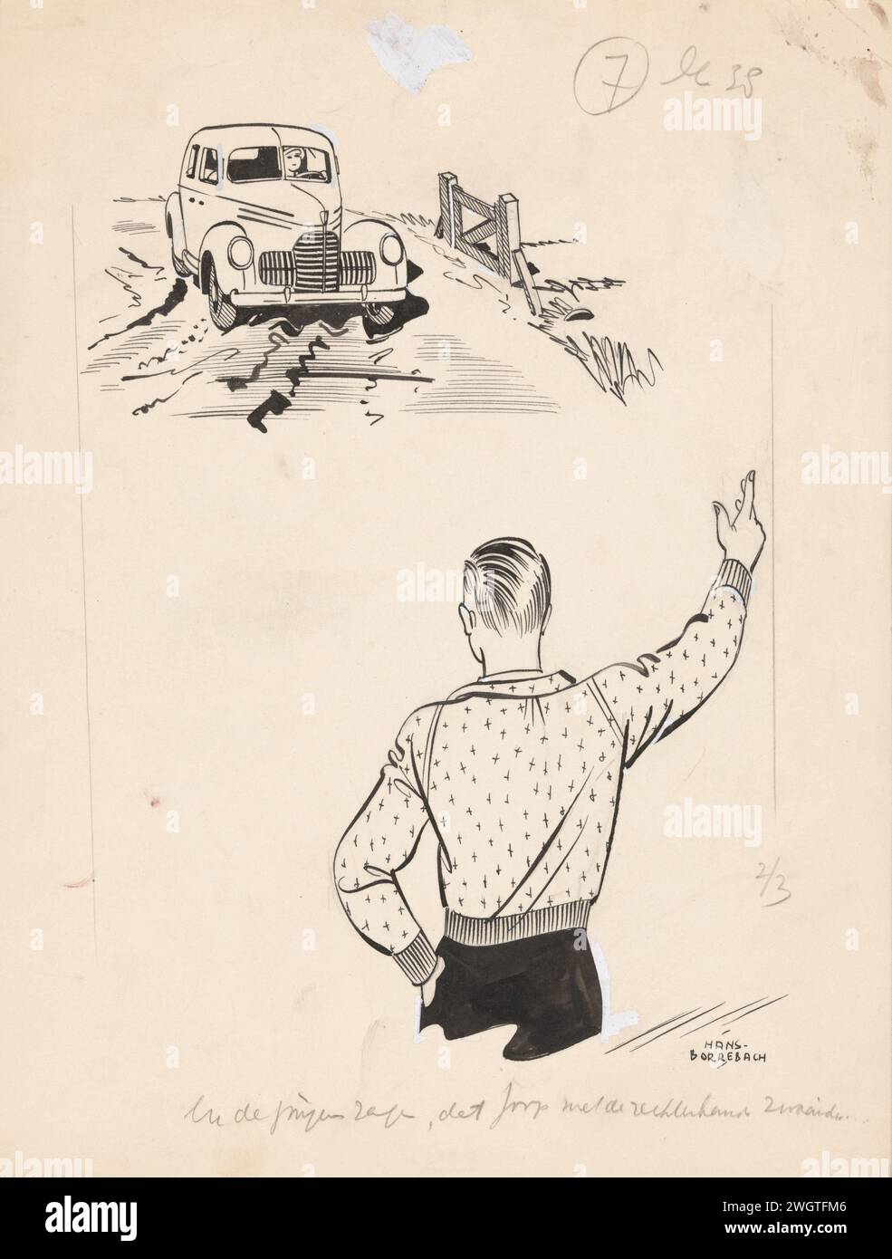 Joop agite vers une voiture qui arrive, en 1945 ou avant dessin Joop se tient dans le sac avec la main gauche et agite sa main droite vers une voiture qui arrive sur une route. papier. Encre de Inde (encre). peinture de pont. crayon de salutation / pinceau. automobile. clôture, mur, pâleur Banque D'Images