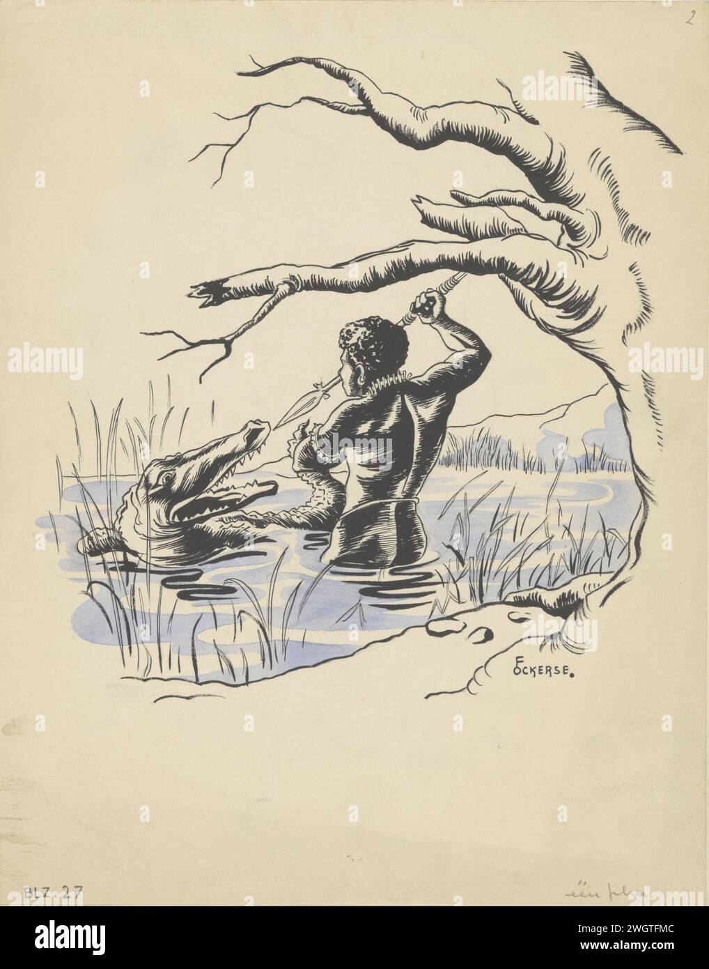 Jager attaque un crocodile dans une rivière, F. Ockerse, en 1936 ou avant dessin Un chasseur néo-guinéen est dans une rivière. Il a une lance dans la main, avec laquelle il veut mettre un crocodile qui flotte avec la bouche ouverte à côté de lui. papier. peinture (revêtement). aquarelle (peinture). chasseur de pinceau à crayons. armes de coulée : lance. crocodiles : crocodile. river Banque D'Images