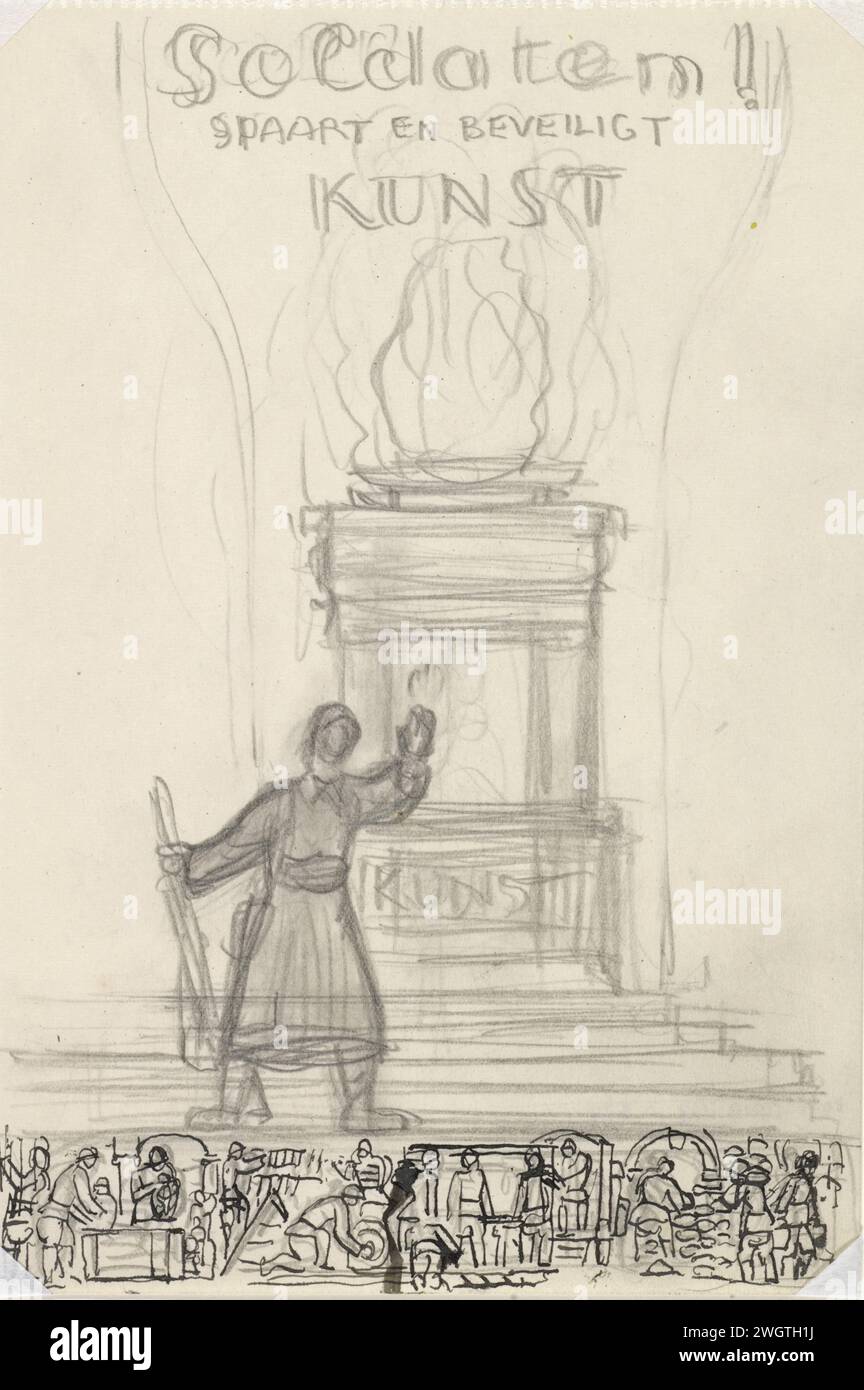 Croquis pour 'Soldiers! Sauve et sécurise l'art ', Leo Gestel, 1939 dessin soldat frontalement pour un monument à l'art avec le feu éternel, au-dessus de lui le texte 'soldats sauve et protège l'art', ci-dessous un frison. papier. crayon. encre. crayon non-combattants  guerre. art et public ; styles et ornements Banque D'Images