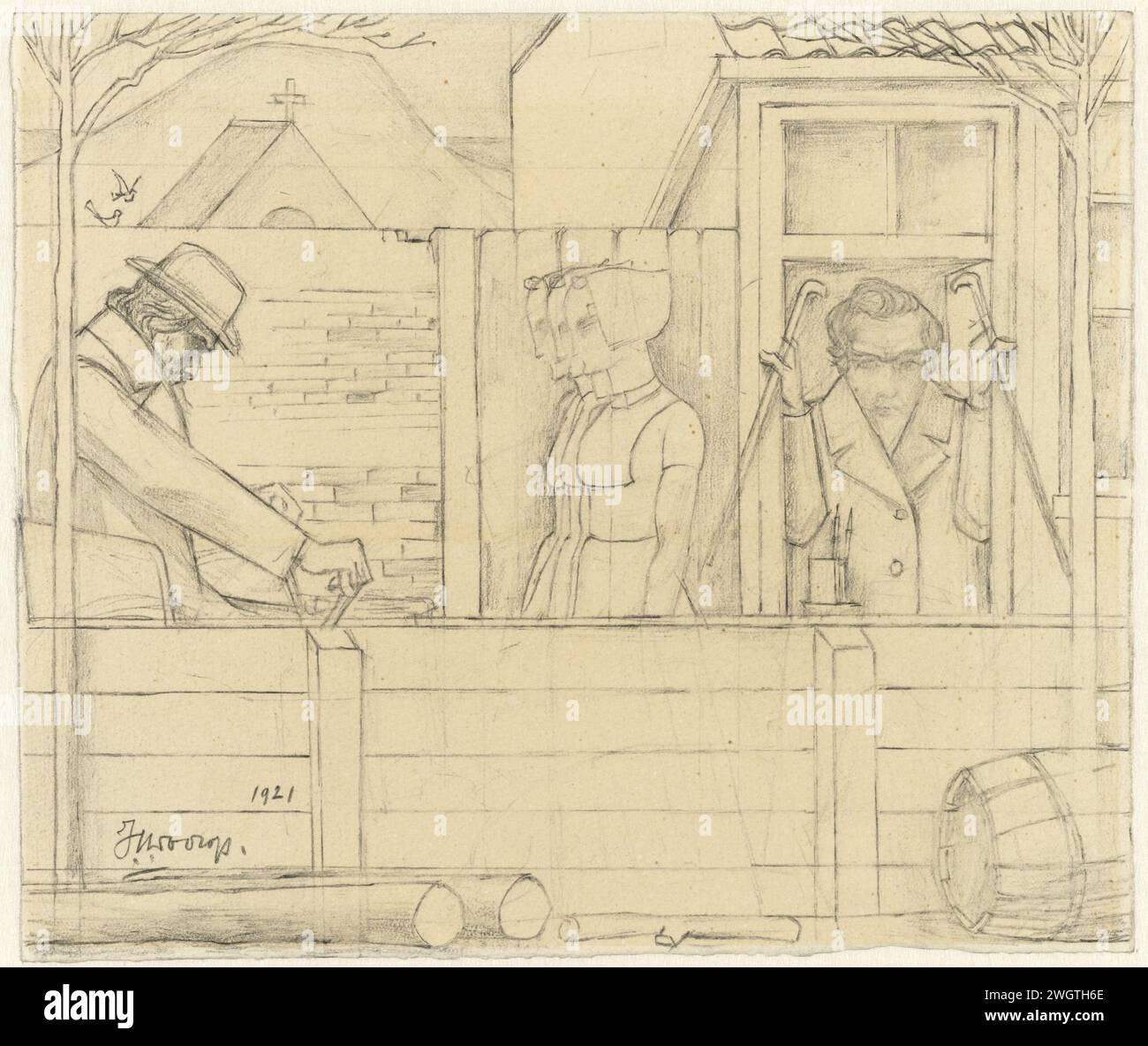 Jan Toorop dans la voiture invalide, voit son passé dans trois filles zélandaises et lui-même dans une fenêtre, Jan Toorop, 1921 papier à dessin. crayon de personnes historiques Banque D'Images