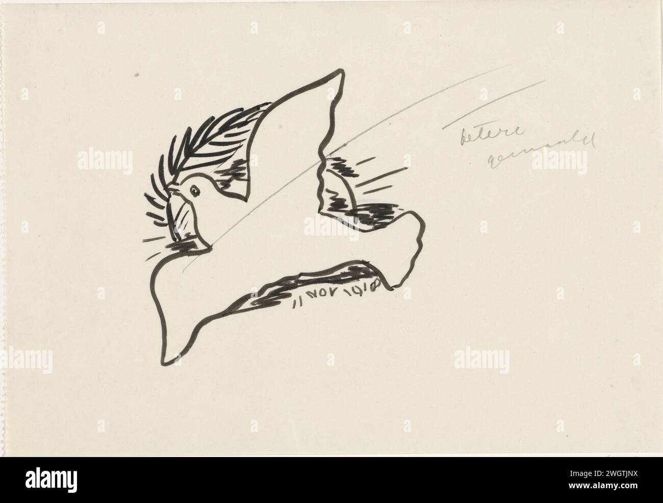 Peace Pigeon, Leo Set, 1934 - 1936 dessin à la mémoire de l'armistice du 11 novembre 1918. papier. Inde encre (encre) pinceau (COHEN, Van anarchist tot monarchiste) œuvres littéraires spécifiques (avec AUTEUR, titre). autres oiseaux : colombe. Liberté, liberté ; 'Libertà' (Ripa) Banque D'Images