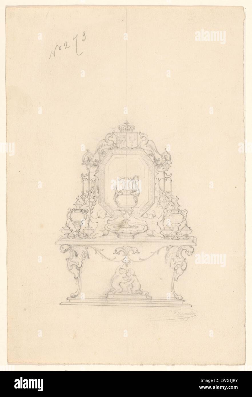 Conception d'une table de toilette avec miroir et accessoires, vraisemblablement pour la duchesse de Parme, Charles-Eugène Trioullier, c. 1845 - c. 1848 dans le couronnement de l'arme de l'alliance couronnée Parme (?) Et la France. Journal de Paris. graphite (minéral) Banque D'Images