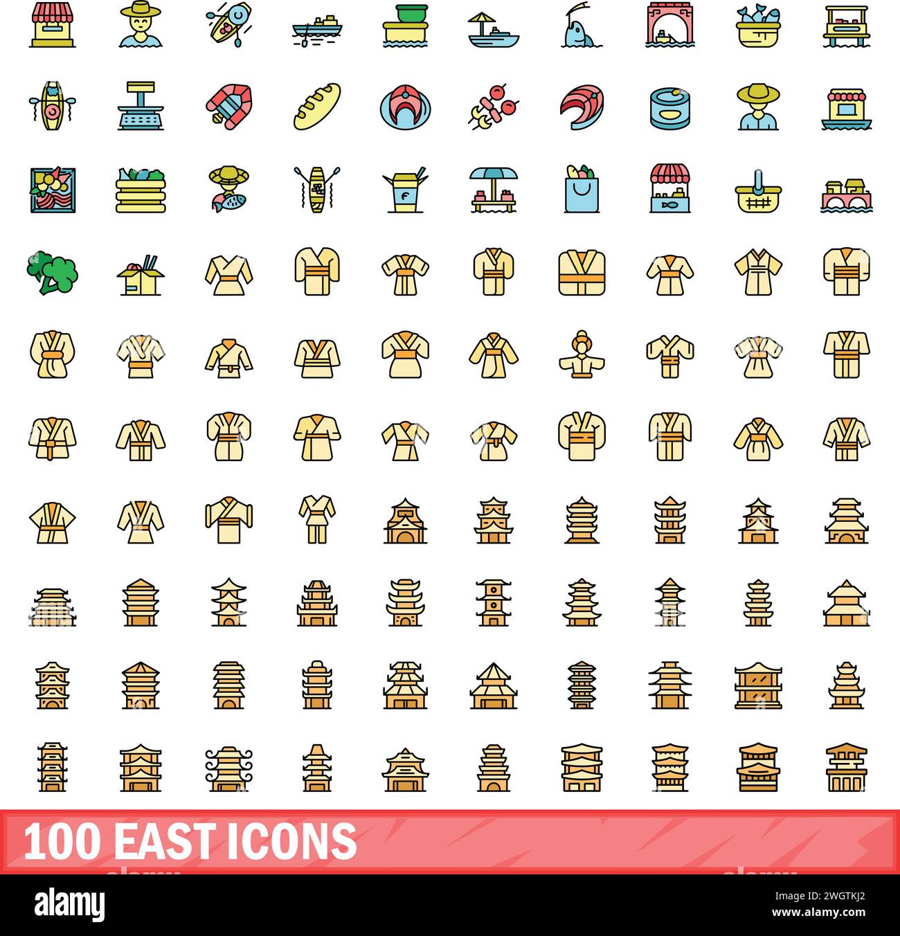 100 icônes est définies. Ensemble de lignes de couleur d'icônes de vecteur est couleur de ligne mince plat sur blanc Illustration de Vecteur