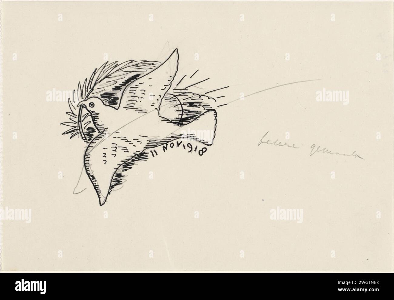 Peace Pigeon, Leo Set, 1934 - 1936 dessin à la mémoire de l'armistice du 11 novembre 1918. papier. Encre de Inde (encre). Crayon (COHEN, Van Anarchist tot monarchist) œuvres littéraires spécifiques (avec AUTEUR, titre). autres oiseaux : colombe. Liberté, liberté ; 'Libertà' (Ripa) Banque D'Images