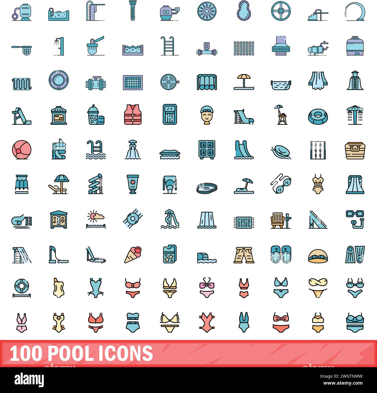 100 icônes de pool définies. Ensemble de lignes de couleur d'icônes de vecteur de piscine couleur de ligne mince plat sur blanc Illustration de Vecteur