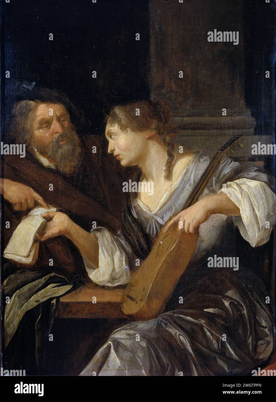 La leçon de musique, Jacob Toorenvliet, 1660 - 1690 peinture la leçon de musique. Un vieil homme barbe enseigne à une jeune femme à jouer de la guitare. La femme a un livre de musique dans la main droite. panneau. peinture à l'huile (peinture) musicien de formation des élèves, leçon de musique. cithern, mandoline, guitare, balalaïka Banque D'Images