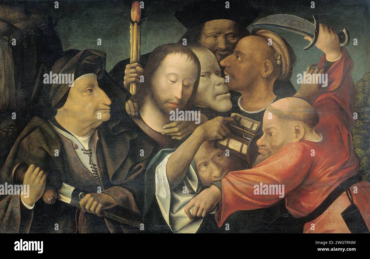 L'arrestation du Christ, Jheronimus Bosch (manière de), c. 1530 - c. 1550 peindre la capture du Christ à la lumière d'une torche brûlante. A droite, la lutte entre Pierre et Malchus, à côté du Christ chef de Judas. Autour de trois autres personnages, l'homme de gauche tire son épée. panneau. Peinture à l'huile (peinture) L'arrestation du Christ ~ jardin de Gethsémani Banque D'Images