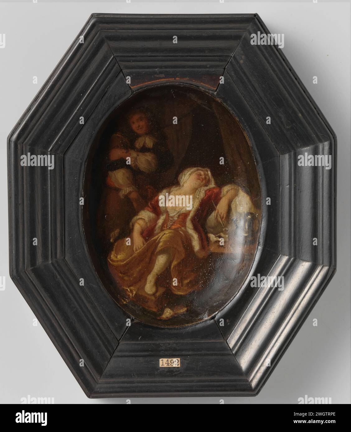 Homme avec une femme, Gerrit Lundens, 1660 - 1686 peinture Un homme a attrapé une femme ivre endormie. La femme a un tuyau dans la main gauche, à droite une table avec un pot à vin. corne (matière animale). peinture à l'huile (peinture). bois (matière végétale) ivresse. dormir sur une chaise. pipe  tabac. Espionner quelqu'un - AA - figure humaine féminine Banque D'Images