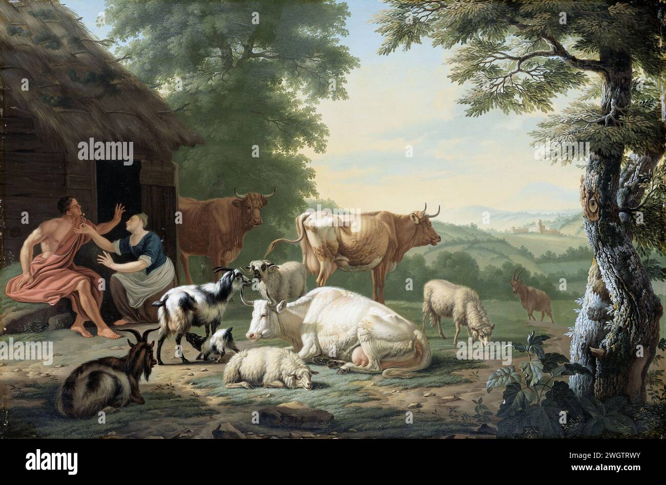 Paysage arcadien avec bergers et bétail, Jan van Gool, 1710 - 1763 peinture paysage arcadien avec bergers et bétail. Dans une ferme, une femme agenouillant une fleur devant le visage d'un berger assis. A droite vaches, moutons et chèvres. Sur la droite un paysage vallonné. panneau. peinture à l'huile (peinture) éleveur, berger, berger, berger, berger, vacher, etc. Pastorales, scènes arcadiennes Banque D'Images