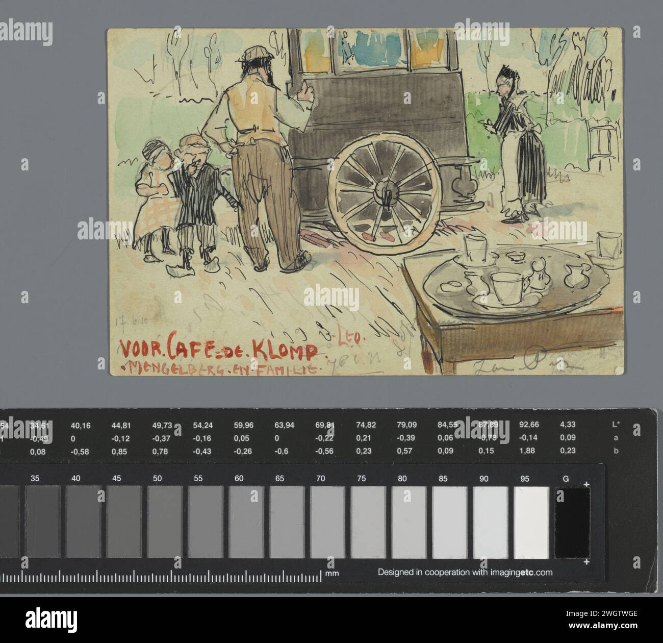 Carte postale à Henriëtte Johanna Petronella van Hilten, Leo Gestel, en ou avant 1910 dessin carte postale avec un dessin de Willem Mengelberg, deux enfants et un serviteur dans une voiture. Au premier plan une table avec un plateau avec toutes sortes de vaisselle. Carte postale fait partie d'un album. Carton Veenendaal. encre. aquarelle (peinture). crayon / pinceau / écriture (processus) trafic et transport. parents avec leurs enfants. Dîner-service Veenendaal Banque D'Images