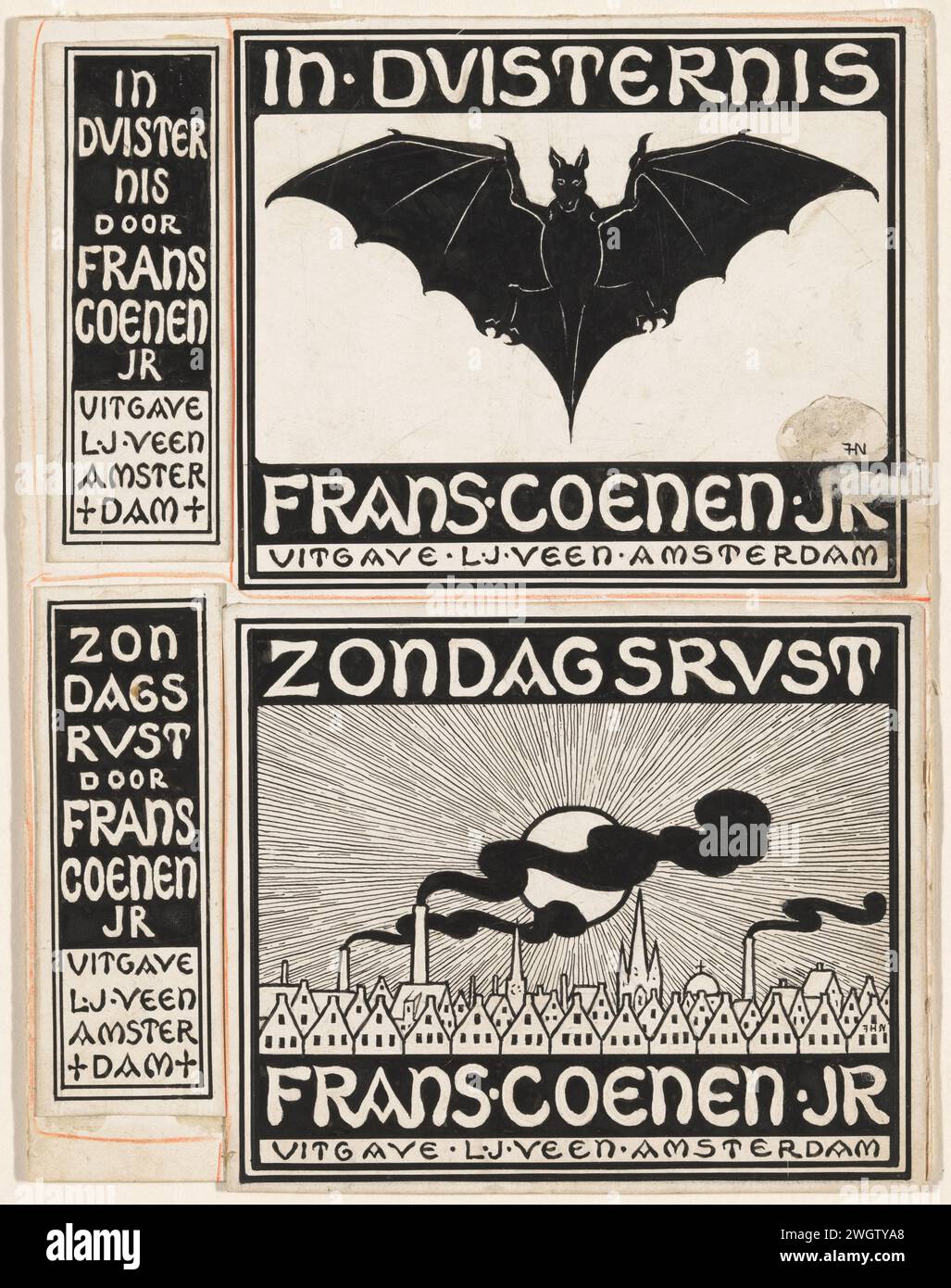 Création de bandes pour : Frans Coenen, In Darkness (1903) et Sunday Rest (1902), en ou avant 1902 - 1903 dessin d'Une chauve-souris avec des ailes déployées. Un visage sur une ville avec des maisons mitoyennes, des églises et des cheminées de fumeurs et un soleil radieux dans le ciel. carton. Encre de Inde (encre). stylo crayon / brosse mammifères volants : chauve-souris. vue sur la ville et paysage avec constructions artificielles. cheminée Banque D'Images
