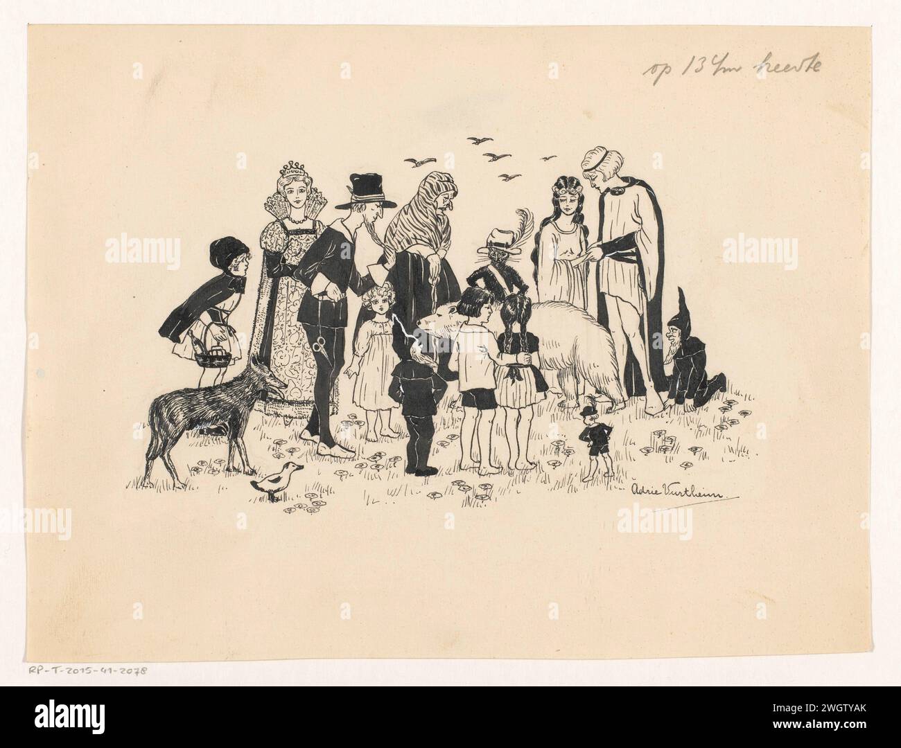 Les personnages de contes de fées voient un ours polaire, Adrie Vürtheim, 1917 - 1970 dessiner Un ours polaire court sur un champ. Une collection de personnages de contes de fées, dont Hans et Gretel, le chat butin et la petite hotte rouge, observez l'ours. papier. Encre de Inde (encre). crayon. stylo de peinture de pont / brosse bêtes de proie, animaux prédateurs : ours polaire. contes et contes de fées. Contes et contes de fées : pousses dans les bottes. Contes et contes de fées : Little Red Riding-Hood Banque D'Images