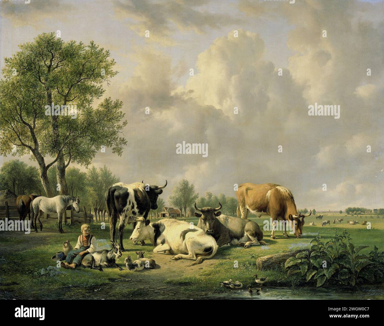 Prairie avec des animaux, Jan van Ravenswaay, 1820 - 1837 peinture prairie avec des bovins. Weiland avec des vaches de pâturage et de repos et un garçon par une chèvre et des jeunes, a laissé deux chevaux sous les arbres. Au loin plus de prairies avec des bovins. Au premier plan canards au bord de l'eau. toile. peinture à l'huile (peinture) prairie, pâturage. vache. cheval. berger, berger, berger, berger, berger, vacher, etc. bovins Banque D'Images