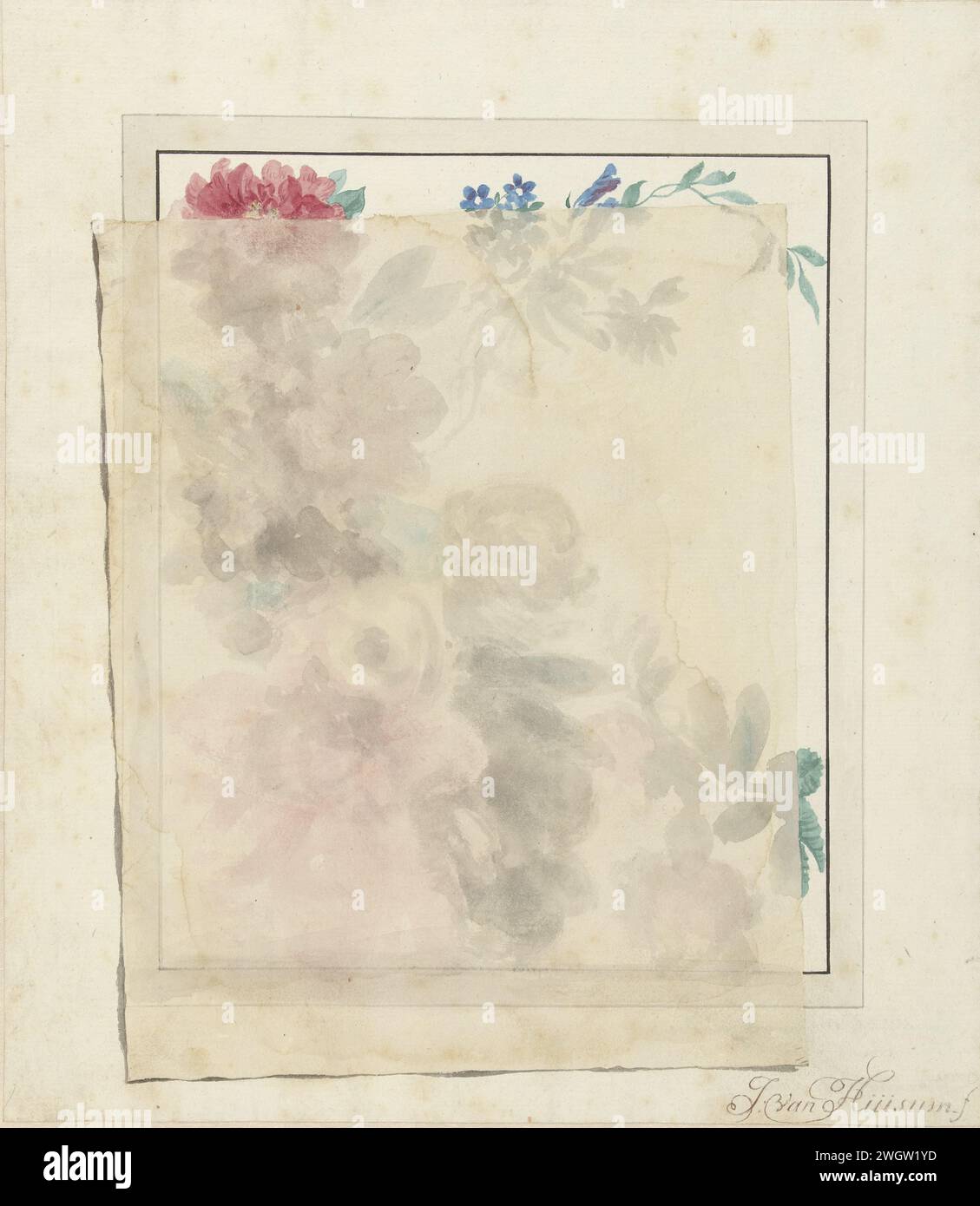 Trompe l'oeil de nature morte de fleur sous une feuille de papier liquide, Jan van Huysum (manière de), 1692 - 1749 papier à dessin. aquarelle (peinture) fleurs coupées au pinceau ; nosegay, bouquet de fleurs Banque D'Images