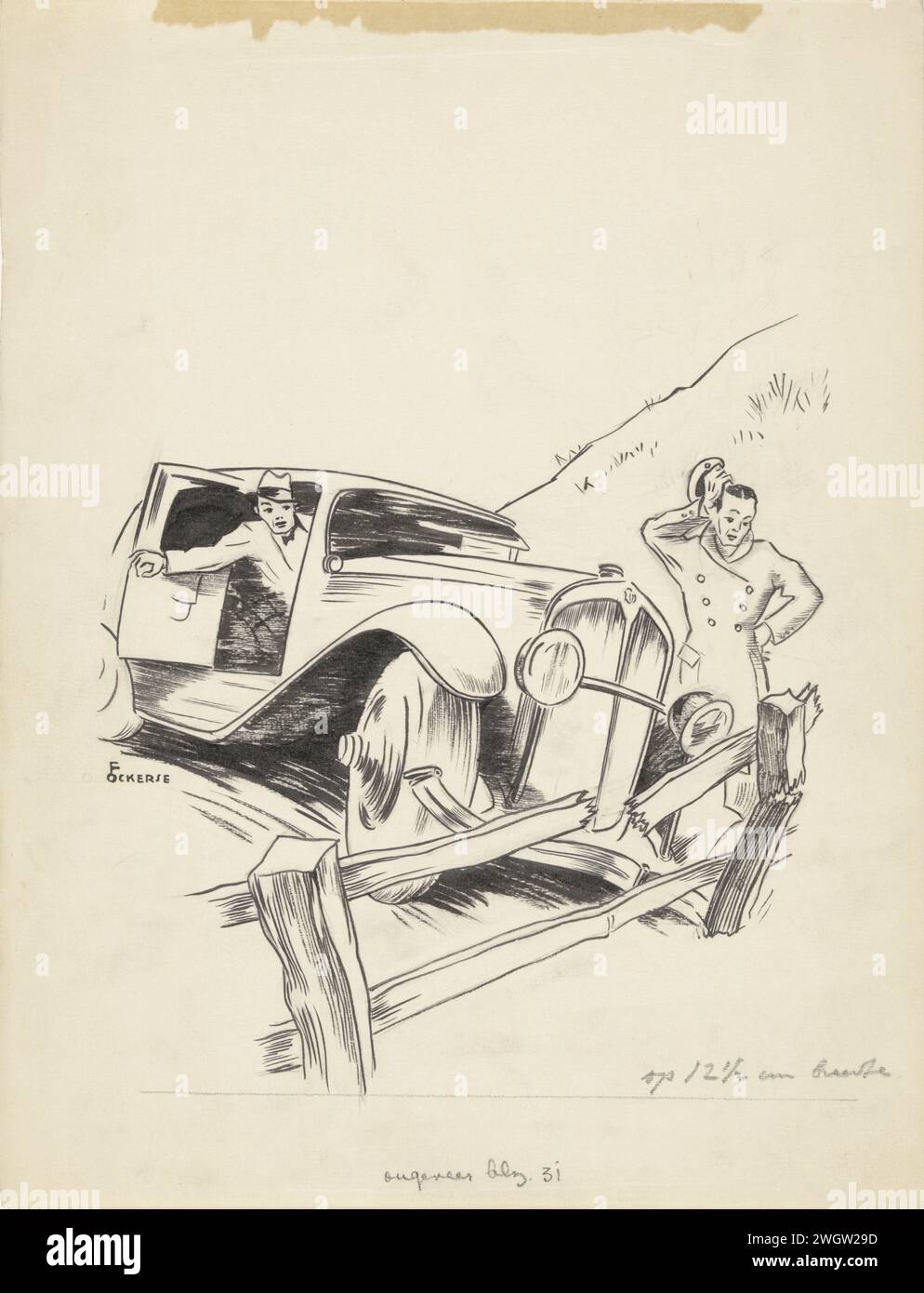 Les hommes conduisent une voiture contre une clôture, F. Ockerse, c. 1930 - c. 1940 dessin deux hommes conduisent une voiture contre une clôture. Un des hommes est dans la voiture et ouvre la porte pour voir les dégâts. L'autre homme se tient à la clôture brisée et se gratte l'esprit. papier. peinture (revêtement). accident de pinceau crayon avec automobile. clôture, mur, pâleur Banque D'Images