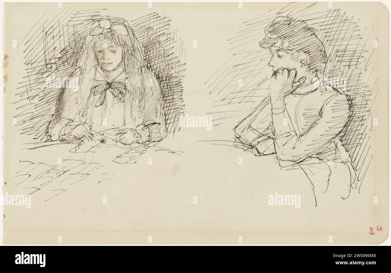 Deux études d'une femme assise à une table, Jozef Israëls, 1834 - 1911 papier à dessin. stylo à encre Banque D'Images