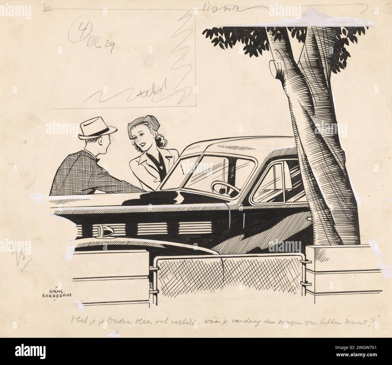 Homme ouvre le portier d'une voiture pour Pepita, dans ou avant 1948 dessin il y a une voiture garée avec une clôture et un arbre. Un jeune homme avec un chapeau ouvre la porte de la voiture où Pepita veut entrer. papier. Encre de Inde (encre). peinture de pont. stylo crayon / brosse automobile. clôture, mur, pâleur Banque D'Images