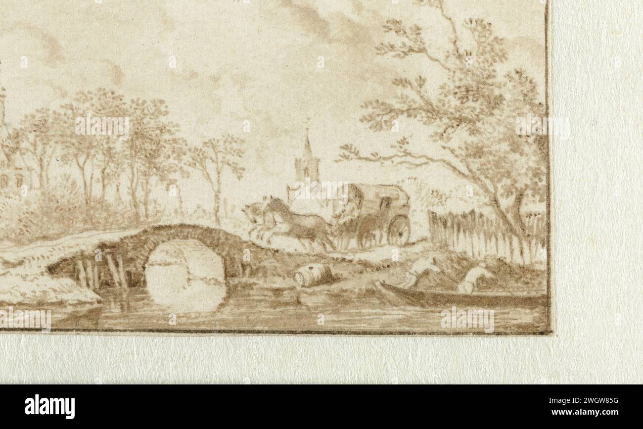 Paysage avec une voiture approchant un pont de pierre, Allaert van Everdingen, 1631 - 1675 papier à dessin. stylo à encre / pinceau Banque D'Images