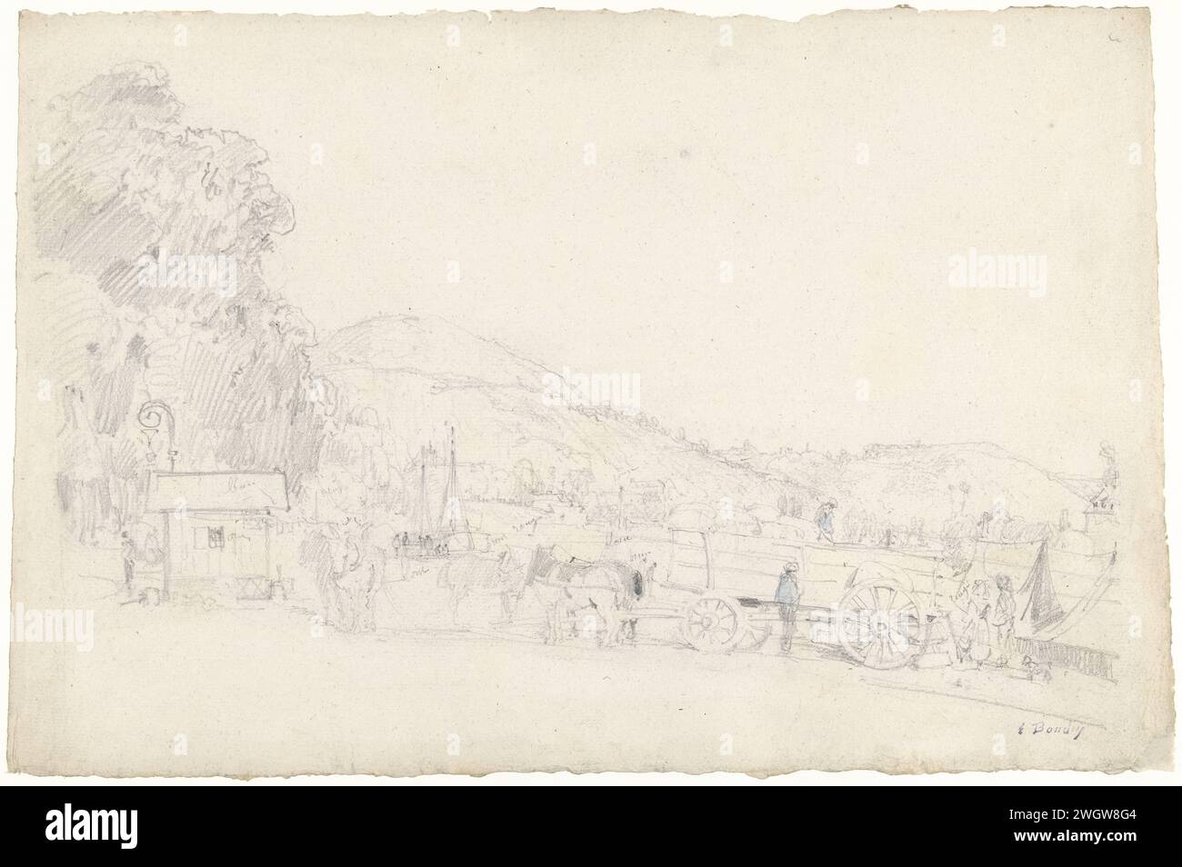 Vue d'un petit port breton, Eugène boudin, 1834 - 1898 dessin vue d'un petit port breton ; au premier plan une voiture avec des chevaux. papier. porte-pinceau Banque D'Images