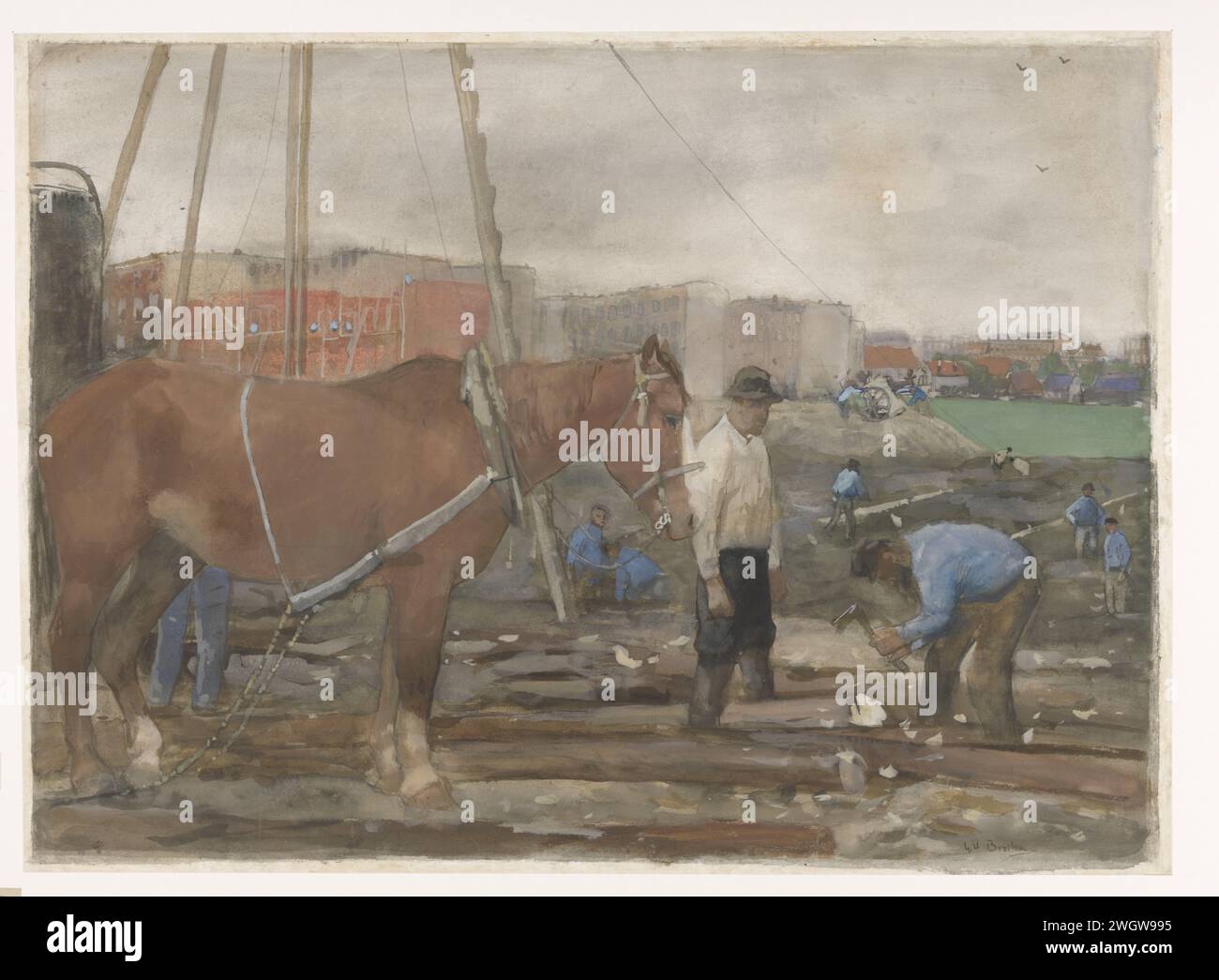 Oud-West chantier à Amsterdam, George Hendrik Breitner, 1900 dessin chantier, au premier plan un cheval et des ouvriers. papier. cheval de pinceau aquarelle (peinture). Activités de construction Amsterdam Oud-West Banque D'Images