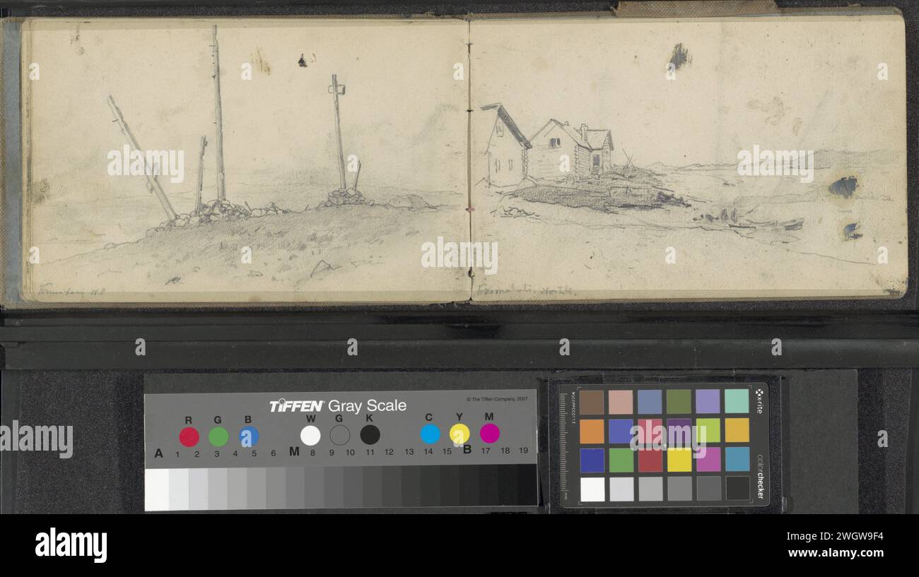 Disséminé des croix funéraires russes sur le Wrongeliland dans le Kruisbaai, Nova Zembla, Louis Apol, 1880 page 31 verso d'un carnet de croquis avec 35 feuilles destiné lors de l'expédition à Nova Zembla en 1880. Nouveau papier Zembla. crayon coast (dans les régions polaires). D'autres types de marqueurs funéraires, par exemple traverser Kruisbaai. Barszee Banque D'Images