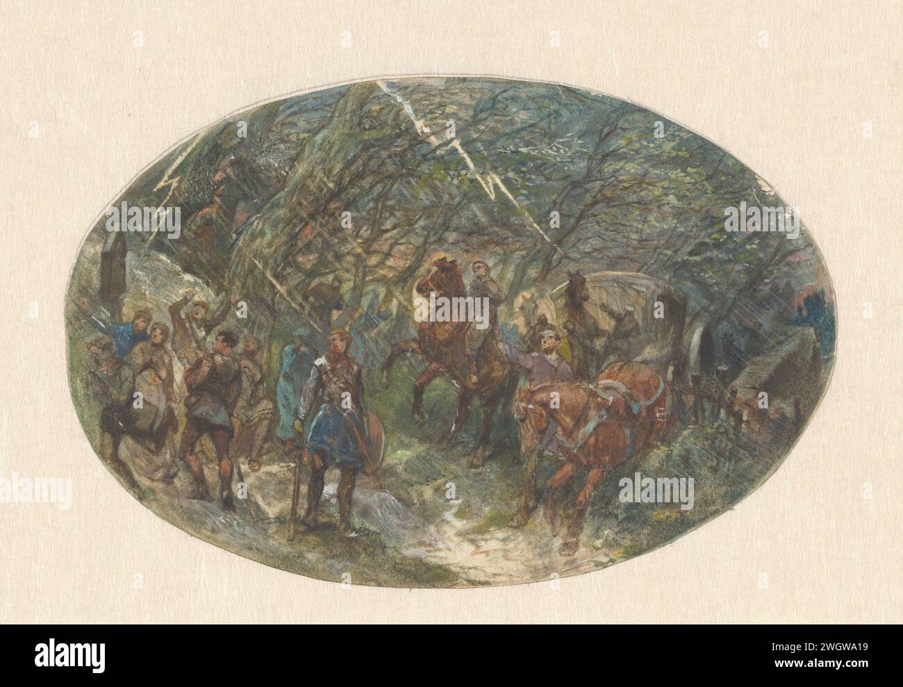 Calèche qui veut patauger dans un ruisseau, Charles Rochussen, 1824 - 1894 dessinant Une scène de la légende de Sint Aldalbert, entraîneur qui veut patauger dans un ruisseau sous la pluie et la foudre. papier. aquarelle (peinture). tempête de pinceau crayon. foudre, éclair, orage. véhicule à quatre roues, tiré par des animaux, par exemple : cabine, voiture, autocar. cheval Banque D'Images