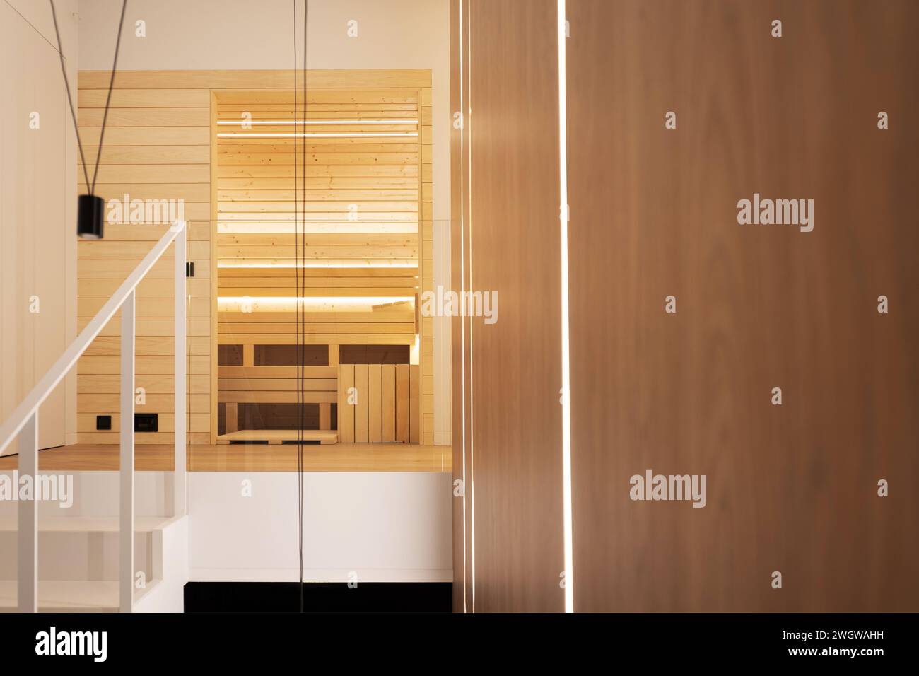 Maison élégante moderne avec sauna finlandais construit et bandes décoratives LED Banque D'Images