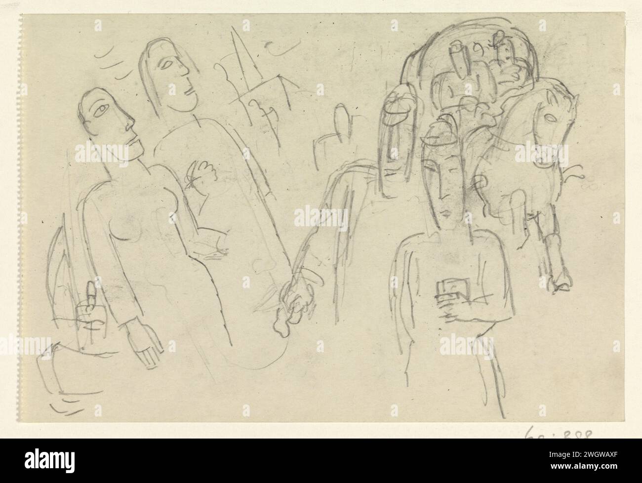 Des gens dans la rue et un cheval en voiture, Leo Gestel, 1891 - 1941 papier à dessin. cheval crayon. wagon (ferme), wagon de fret, chariot. rue Banque D'Images