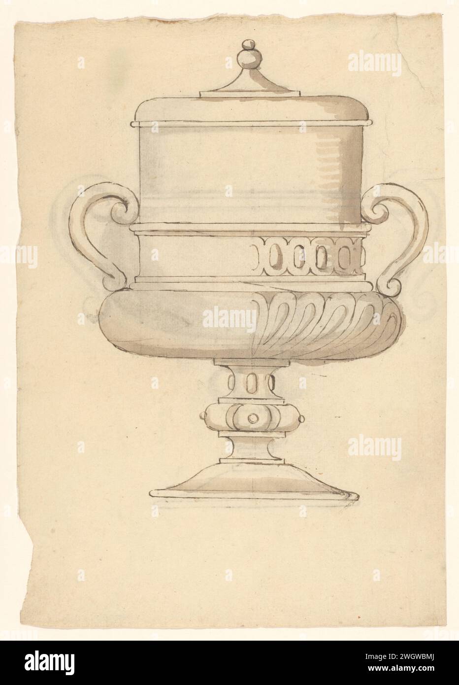 Feuille avec une image d'un pot avec un couvercle sur les deux côtés, vraisemblablement de verre, anonyme, c. 1600 dessin Venise (peut-être) pinceau à encre Banque D'Images