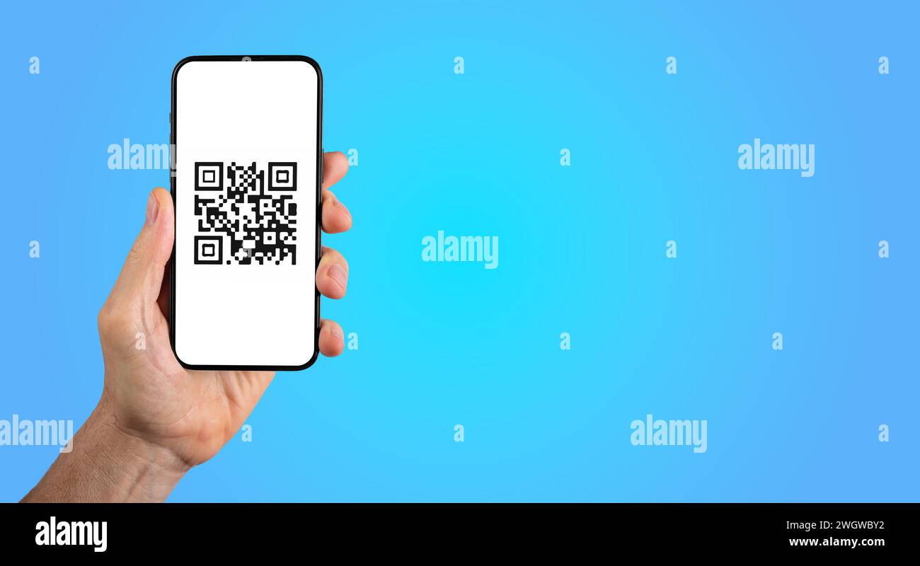 Scanner de code QR, écran de téléphone portable en main pour la transaction numérique, qrcode, fond de bannière Banque D'Images