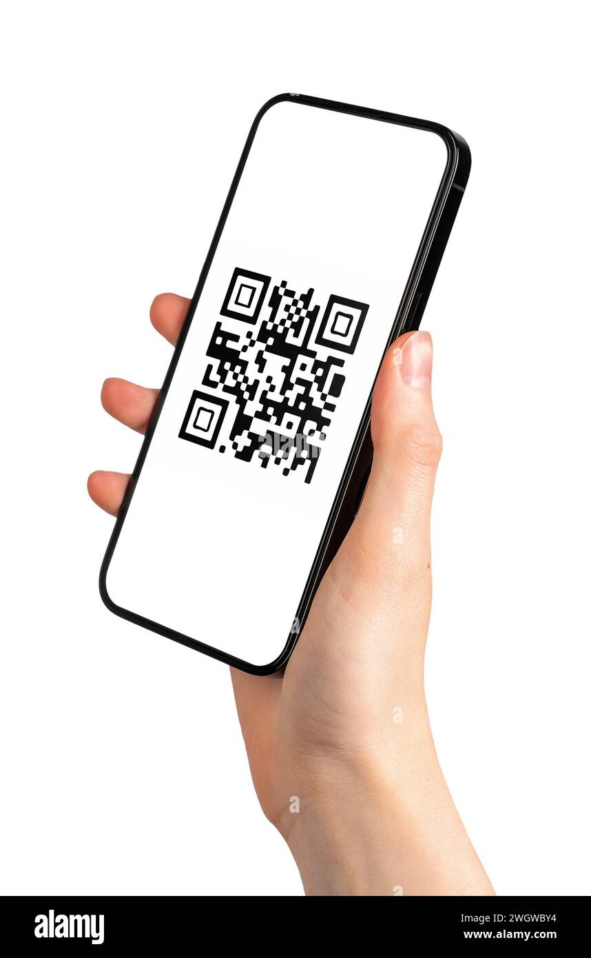 QR code sur l'application de téléphone mobile. Application scanner QRCode dans la main isolé sur fond blanc Banque D'Images