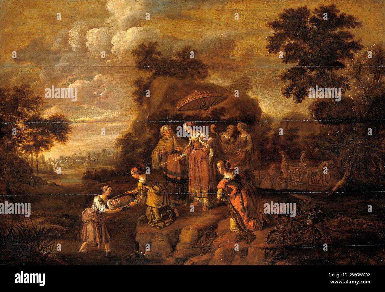 La fille de Pharaon découvre Moïse dans le panier de ruée, Guilliam du Gardijn, c. 1615 - c. 1630 peinture la fille de Pharaon et sa servante trouvent Moïse dans le panier de Biezen sur la rive envahie du Nil. Deux stations-service sortent l'enfant de l'eau. La princesse est sous un parasol et pointe vers l'enfant. panneau. Peinture à l'huile (peinture) la découverte de Moïse : la fille de Pharaon vient se baigner avec ses jeunes filles dans la rivière et découvre l'enfant flottant sur l'eau Banque D'Images