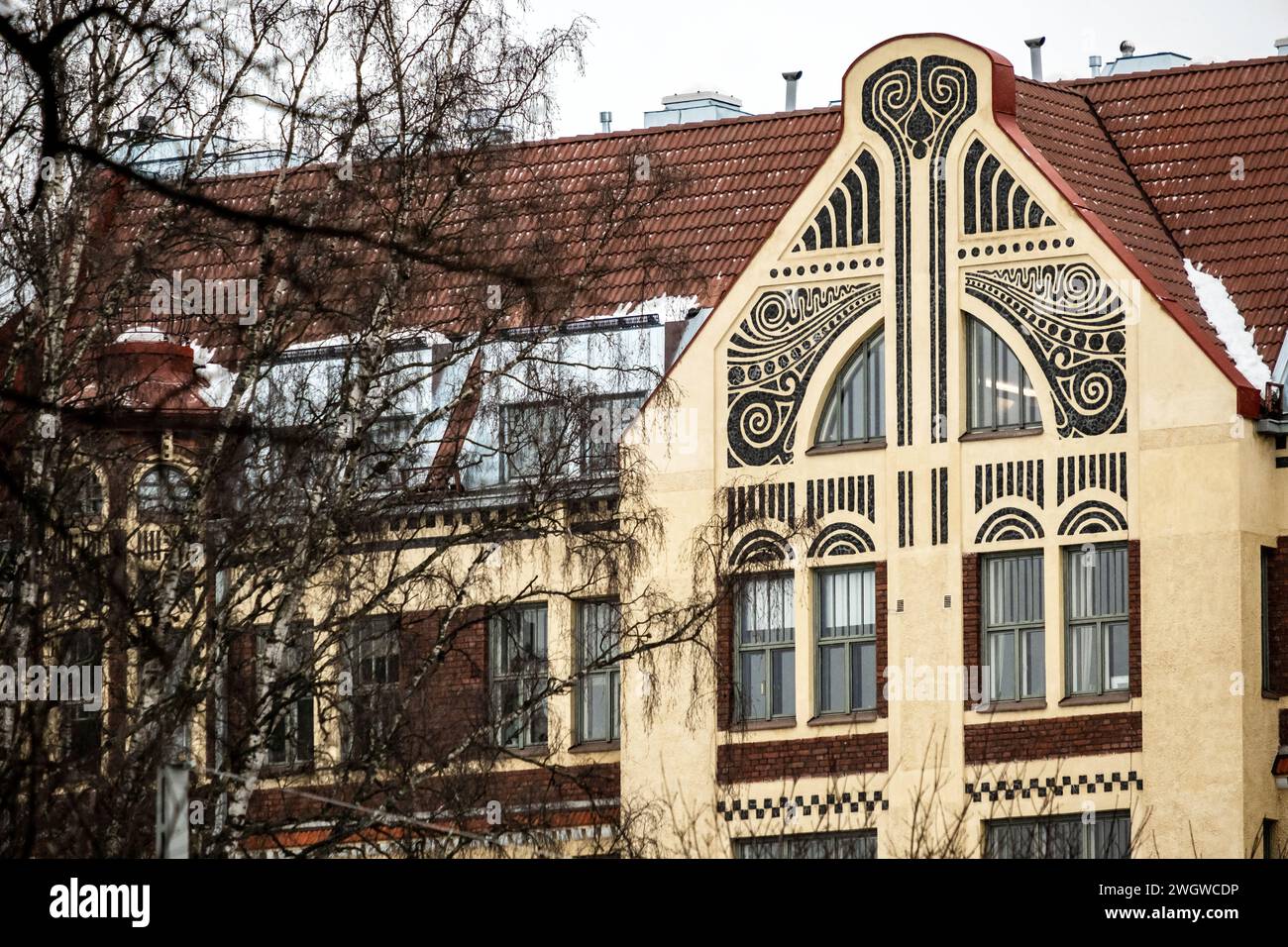 Design Art nouveau sur la façade d'un bâtiment dans le centre d'Helsinki, Finlande Banque D'Images